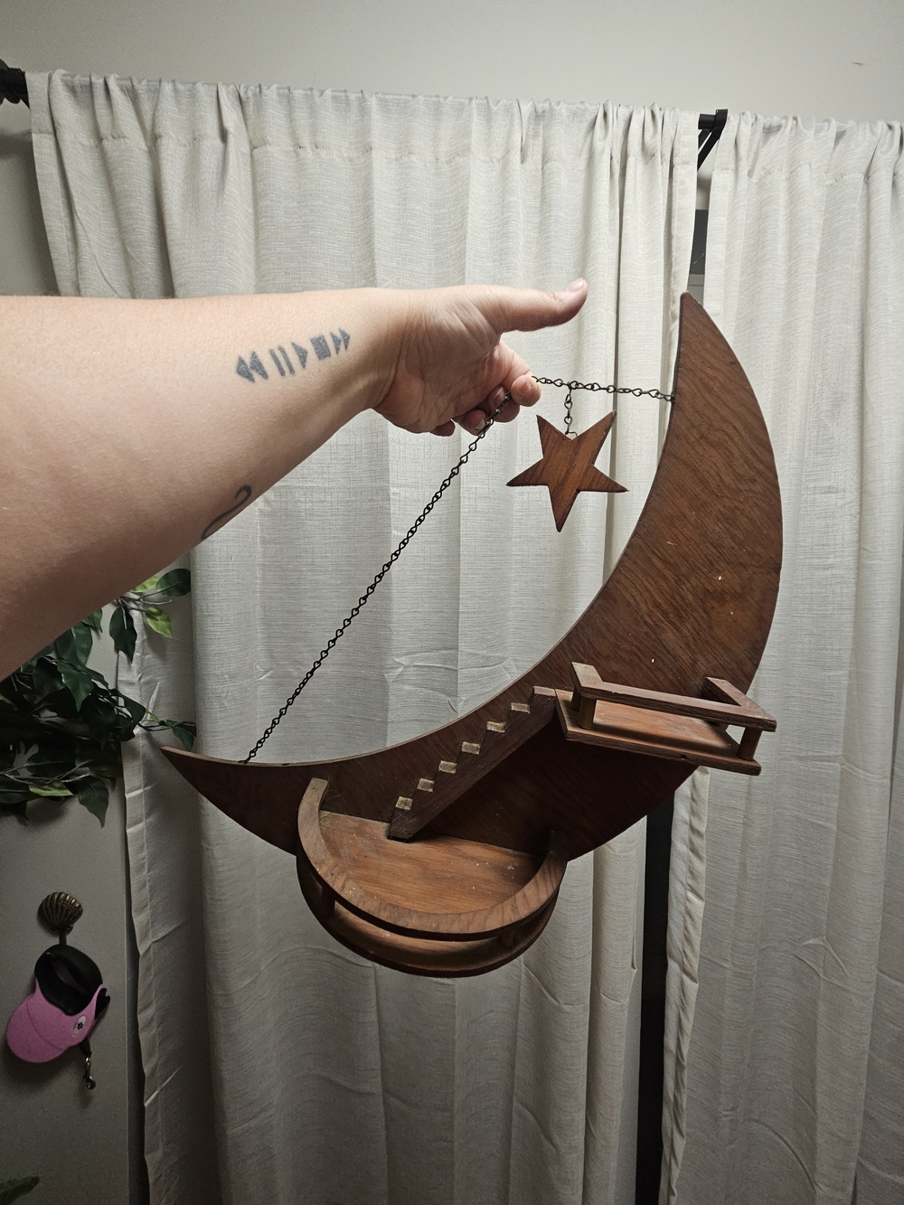 Wooden Crescent Moon Hanging Shelf with Star Accent